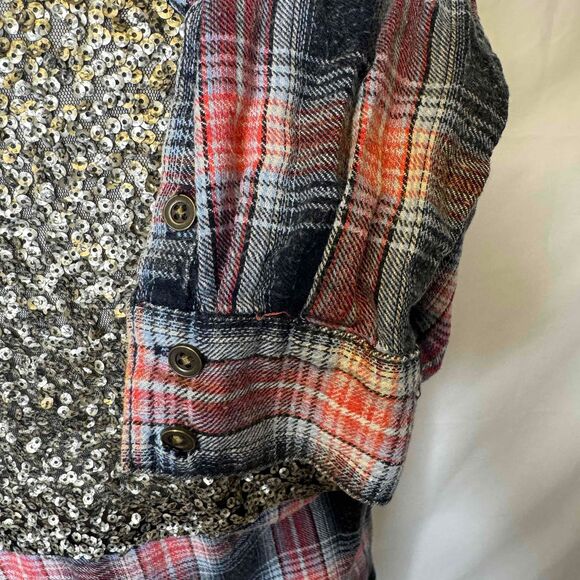 Free People Plaid Shirt Small Sequin Embellished Bohemian Western Mixed Media - Picture 8 of 14